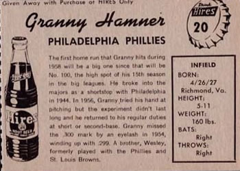 1958 Hires Root Beer #20 Granny Hamner Back
