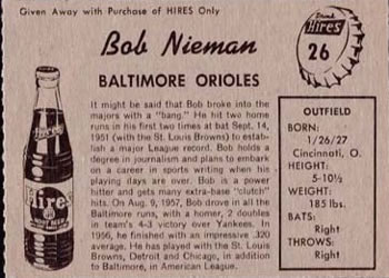 1958 Hires Root Beer #26 Bob Nieman Back