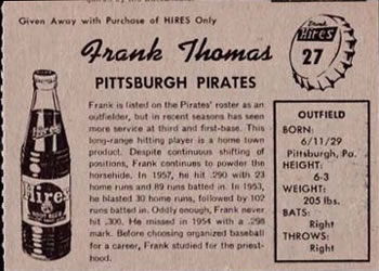1958 Hires Root Beer #27 Frank Thomas Back