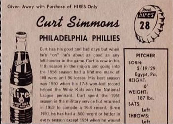 1958 Hires Root Beer #28 Curt Simmons Back