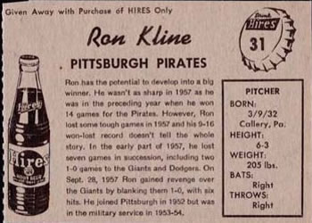 1958 Hires Root Beer #31 Ron Kline Back