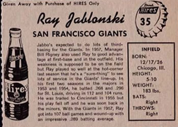 1958 Hires Root Beer #35 Ray Jablonski Back