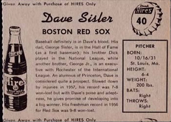 1958 Hires Root Beer #40 Dave Sisler Back