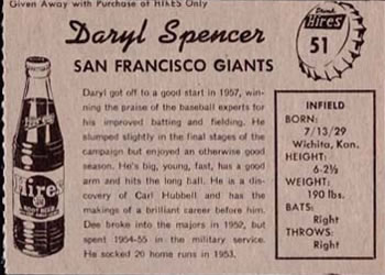 1958 Hires Root Beer #51 Daryl Spencer Back