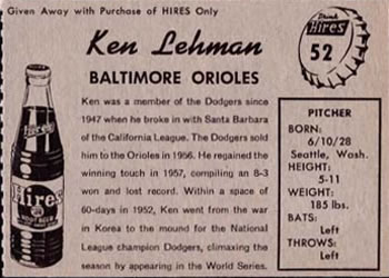 1958 Hires Root Beer #52 Ken Lehman Back