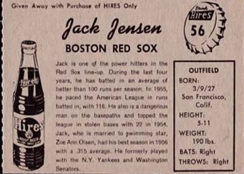 1958 Hires Root Beer #56 Jackie Jensen Back