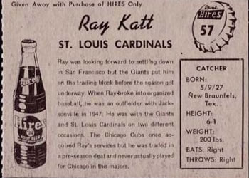 1958 Hires Root Beer #57 Ray Katt Back