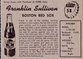 1958 Hires Root Beer #58 Frank Sullivan Back