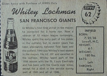 1958 Hires Root Beer #62 Whitey Lockman Back
