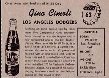 1958 Hires Root Beer #63 Gino Cimoli Back