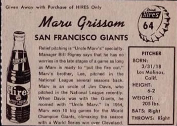 1958 Hires Root Beer #64 Marv Grissom Back