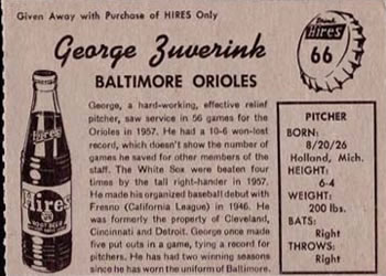 1958 Hires Root Beer #66 George Zuverink Back