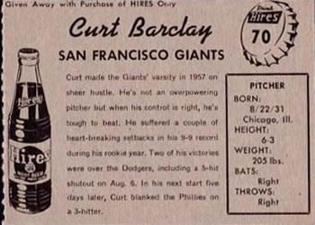 1958 Hires Root Beer #70 Curt Barclay Back