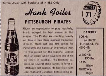 1958 Hires Root Beer #71 Hank Foiles Back