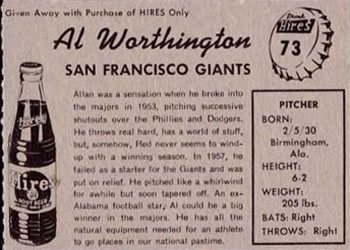 1958 Hires Root Beer #73 Al Worthington Back