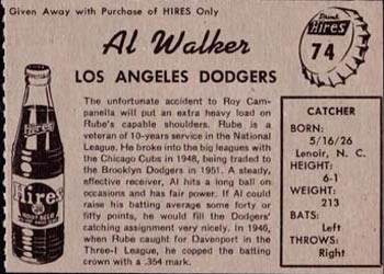 1958 Hires Root Beer #74 Rube Walker Back