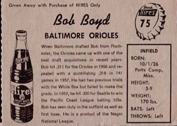 1958 Hires Root Beer #75 Bob Boyd Back