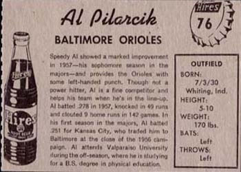 1958 Hires Root Beer #76 Al Pilarcik Back