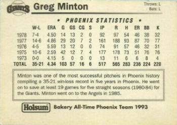 1993 Holsum Bakery All-Time Phoenix Team 1993 #NNO Greg Minton Back