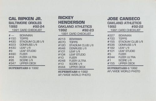 1992 Superstars Magazine (unlicensed) - Panels #92-22 / 92-23 / 92-24 Jose Canseco / Rickey Henderson / Cal Ripken Jr. Back