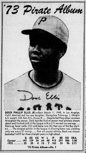 1973 Pittsburgh Post-Gazette Pittsburgh Pirates #7 Dock Ellis Front