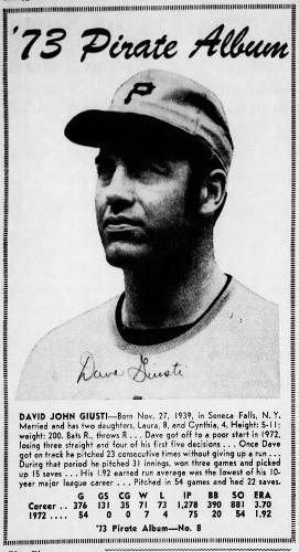 1973 Pittsburgh Post-Gazette Pittsburgh Pirates #8 Dave Giusti Front
