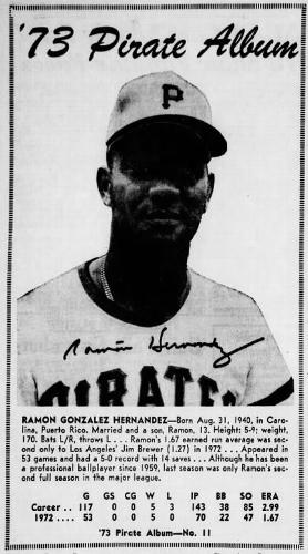 1973 Pittsburgh Post-Gazette Pittsburgh Pirates #11 Ramon Hernandez Front