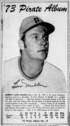 1973 Pittsburgh Post-Gazette Pittsburgh Pirates #15 Bob Miller Front