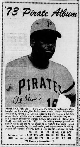 1973 Pittsburgh Post-Gazette Pittsburgh Pirates #17 Al Oliver Front