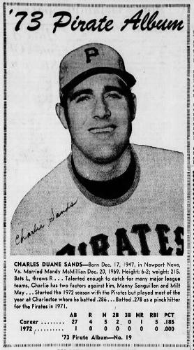 1973 Pittsburgh Post-Gazette Pittsburgh Pirates #19 Charlie Sands Front