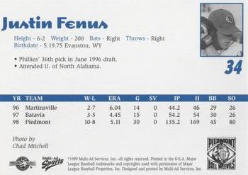 1999 Multi-Ad Piedmont Boll Weevils #NNO Justin Fenus Back
