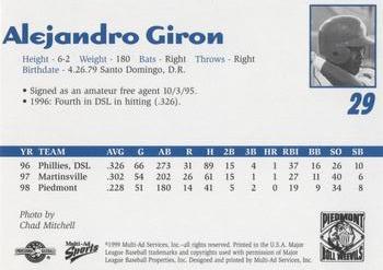 1999 Multi-Ad Piedmont Boll Weevils #NNO Alejandro Giron Back