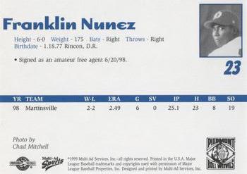 1999 Multi-Ad Piedmont Boll Weevils #NNO Franklin Nunez Back