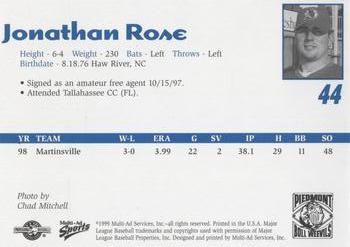 1999 Multi-Ad Piedmont Boll Weevils #NNO Jonathan Rose Back
