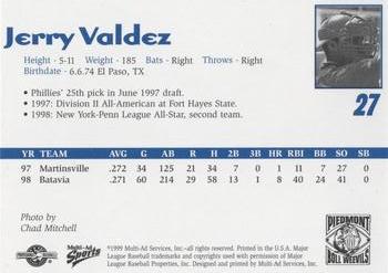 1999 Multi-Ad Piedmont Boll Weevils #NNO Jerry Valdez Back
