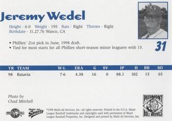 1999 Multi-Ad Piedmont Boll Weevils #NNO Jeremy Wedel Back