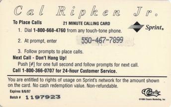 1996 Classic Sprint $21.31 Phone Cards #NNO Cal Ripken Jr. Back