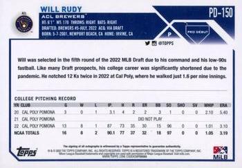2023 Topps Pro Debut - Autographs #PD-150 Will Rudy Back