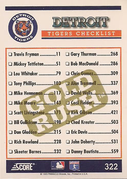 1994 Score - Gold Rush #322 Detroit Tigers Back