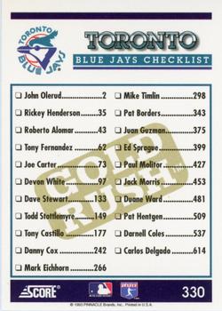 1994 Score - Gold Rush #330 Toronto Blue Jays Back