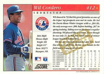 1994 Score - Gold Rush #412 Wil Cordero Back