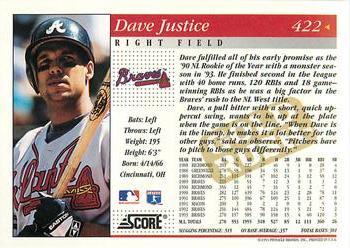 1994 Score - Gold Rush #422 Dave Justice Back