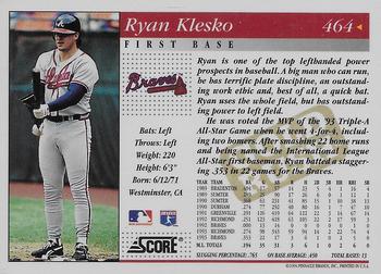 1994 Score - Gold Rush #464 Ryan Klesko Back