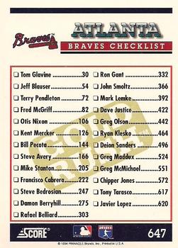 1994 Score - Gold Rush #647 Atlanta Braves Back