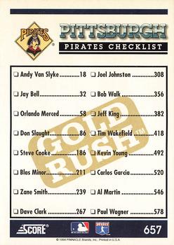 1994 Score - Gold Rush #657 Pittsburgh Pirates Back