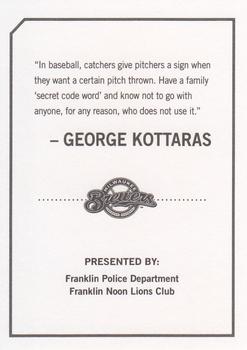 2010 Milwaukee Brewers Police - Franklin Police Department, Franklin Noon Lions Club #NNO George Kottaras Back