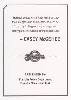 2010 Milwaukee Brewers Police - Franklin Police Department, Franklin Noon Lions Club #NNO Casey McGehee Back