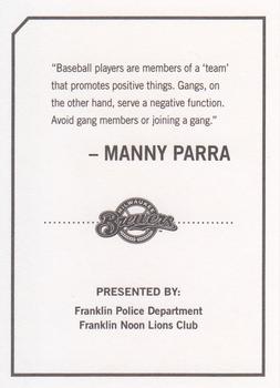2010 Milwaukee Brewers Police - Franklin Police Department, Franklin Noon Lions Club #NNO Manny Parra Back
