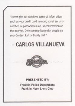 2010 Milwaukee Brewers Police - Franklin Police Department, Franklin Noon Lions Club #NNO Carlos Villanueva Back