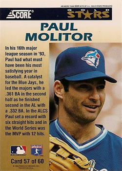 1994 Score - Gold Stars #57 Paul Molitor Back